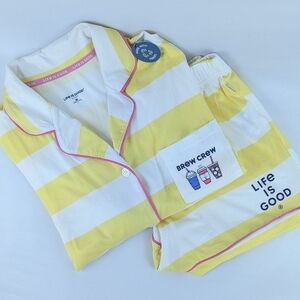 Life Is Good Brew Crew Coffee PJ Set Button Front Short Sleeve Top Shorts M NWT